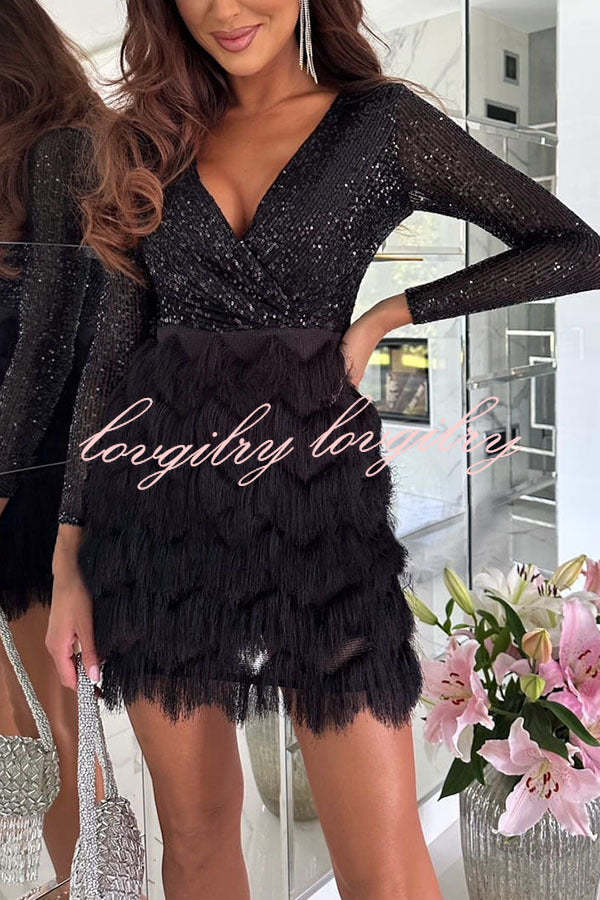 Spinning on The Dance Floor Sequin Patchwork Tiered Fringe Mini Dress