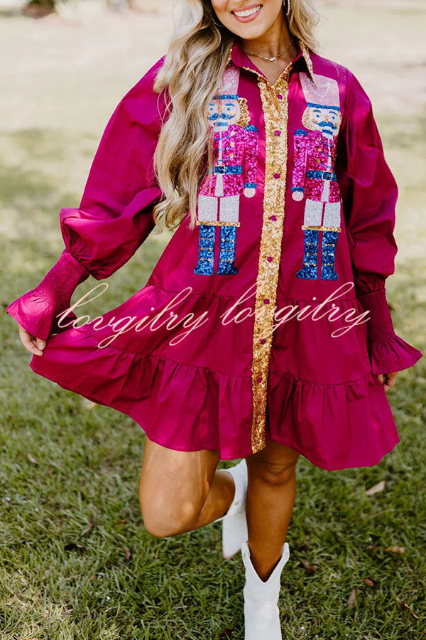 Nutcracker Sequined Button Down Long Sleeve Mini Dress