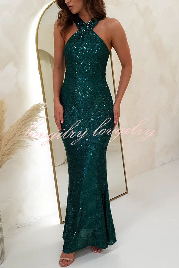 Time To Sparkle Sequin Cross Halter Neck Backless Maxi Dress