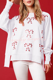 Sequined Candy Cane Crew Neck Pullover Sweatshirt