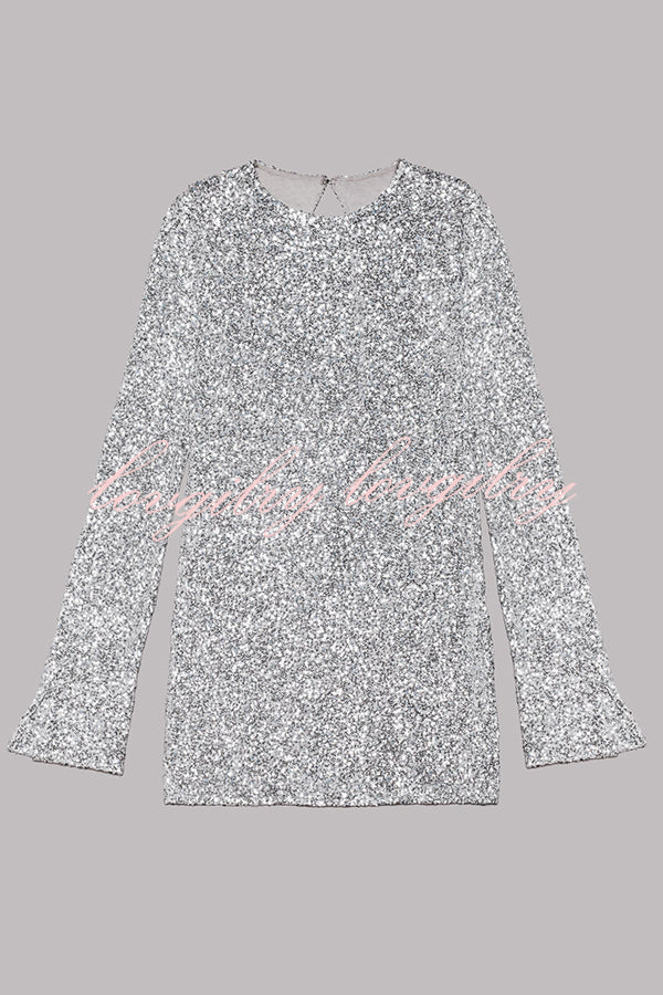 Flash Focus Sequin Extra Long Slit Sleeves Open Back Mini Dress