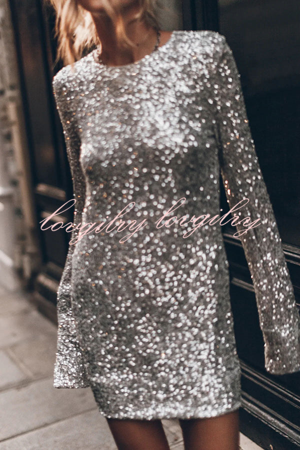 Flash Focus Sequin Extra Long Slit Sleeves Open Back Mini Dress