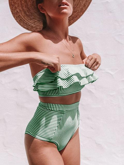 Flounce Sleeve Bandeau Stripe Swimsuit