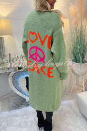 Neon Love Peace Chunky Knit Pocket Straight Midi Cardigan