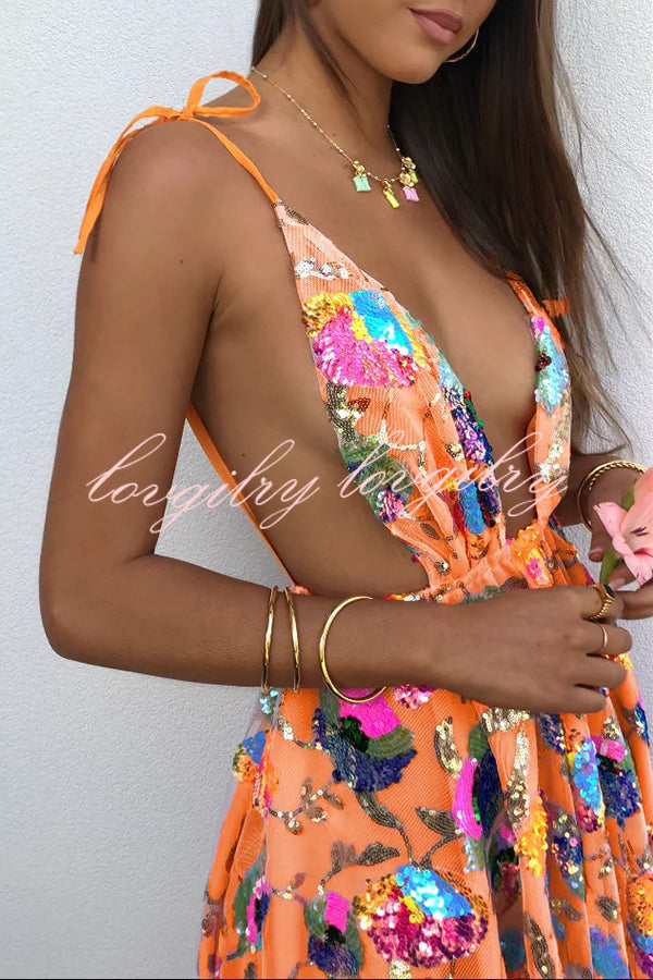 V Neck Open Back Sequined Floral Tie A Line Mini Dress