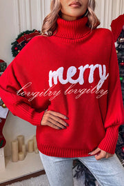 Happy Holidays Contrast Love Letter Turtle Neck Bat Sleeve Sweater