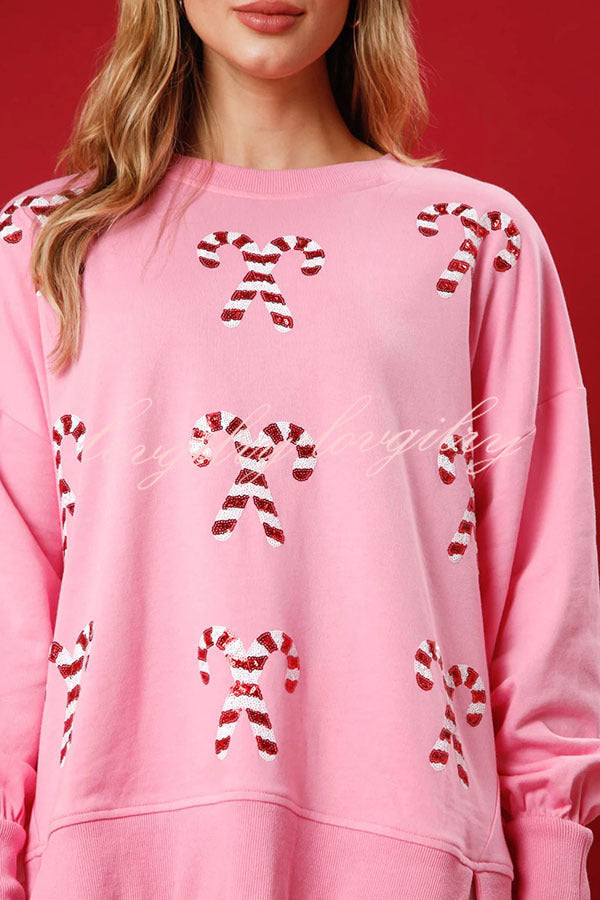 Sequined Candy Cane Crew Neck Pullover Sweatshirt