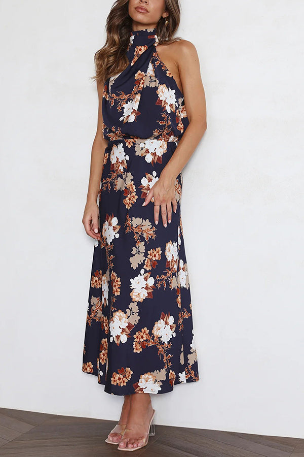 Wine Country Dates Floral Halter Neck Elastic Waist Maxi Dress