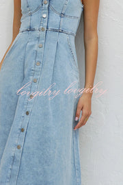 Spring Fling Washed Denim Button Pocket Back Smocked Midi Dress