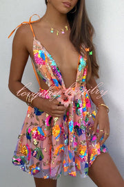 V Neck Open Back Sequined Floral Tie A Line Mini Dress