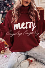 Happy Holidays Contrast Love Letter Turtle Neck Bat Sleeve Sweater