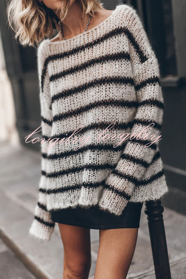 Time for Warmer Layers Fluffy Stripes Relaxed Knit Sweater