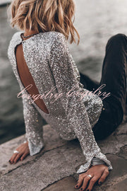 Exclusive Party Sequin Extra Long Slit Sleeves Open Back Top