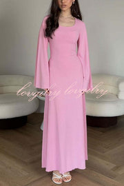 Comfortable Elegance Ribbed Bell Long Sleeve Stretch Maxi Dress