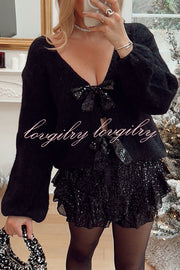 Misty Starlight Tie Front Sequin Bow Loose Sweater