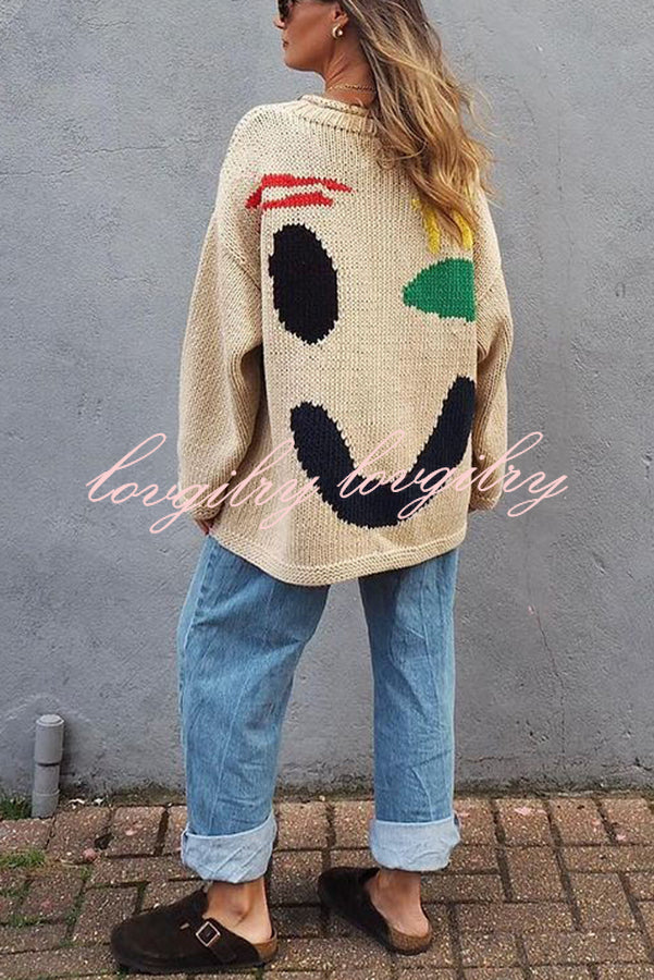 Feel Good Knit Colorful Smiley Face Loose Pullover Sweater