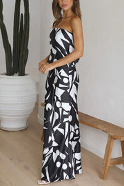 Cassy Satin Geometric Print Off Shoulder Maxi Dress