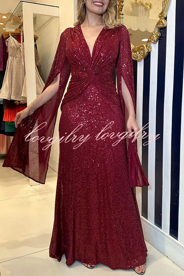 Shine Brighter Sequin Cape Sleeve Cross Waist Evening Maxi Dress