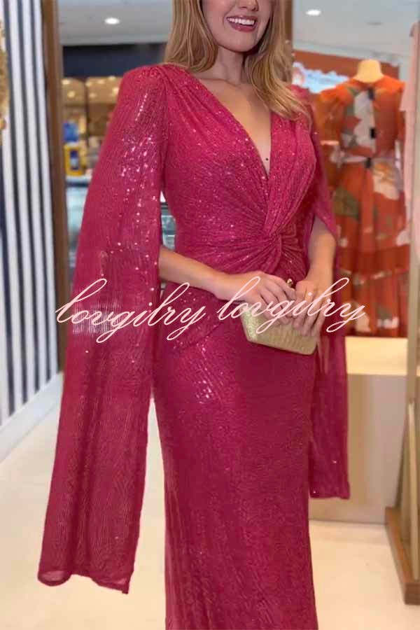 Shine Brighter Sequin Cape Sleeve Cross Waist Evening Maxi Dress