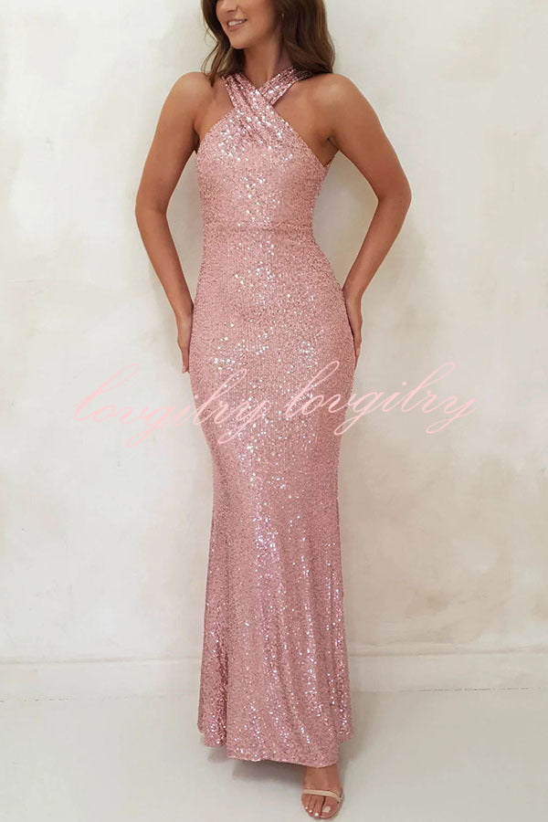 Time To Sparkle Sequin Cross Halter Neck Backless Maxi Dress