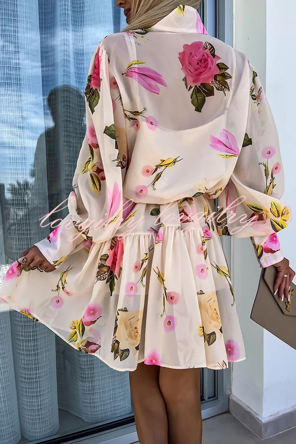 Sunset and Dreams Floral Print Subtle Tuck Lantern Sleeve Belt Mini Dress