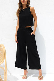 Khiara Basic Button Crop Top and Pocketed Pants Set