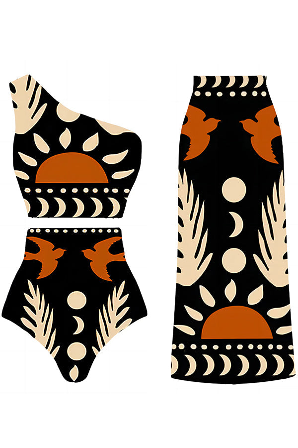 Abstract Art Birds and Sun Print Color Block High Waist Bikini And Skirt