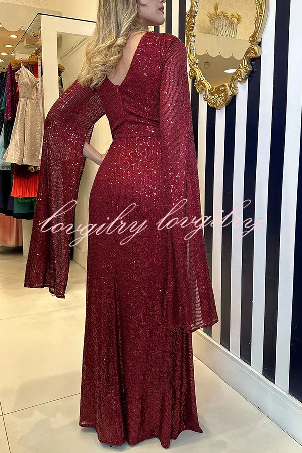 Shine Brighter Sequin Cape Sleeve Cross Waist Evening Maxi Dress