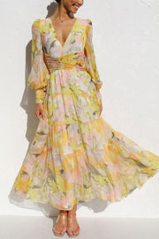 Olena Abstract Floral Balloon Sleeves Maxi Dress