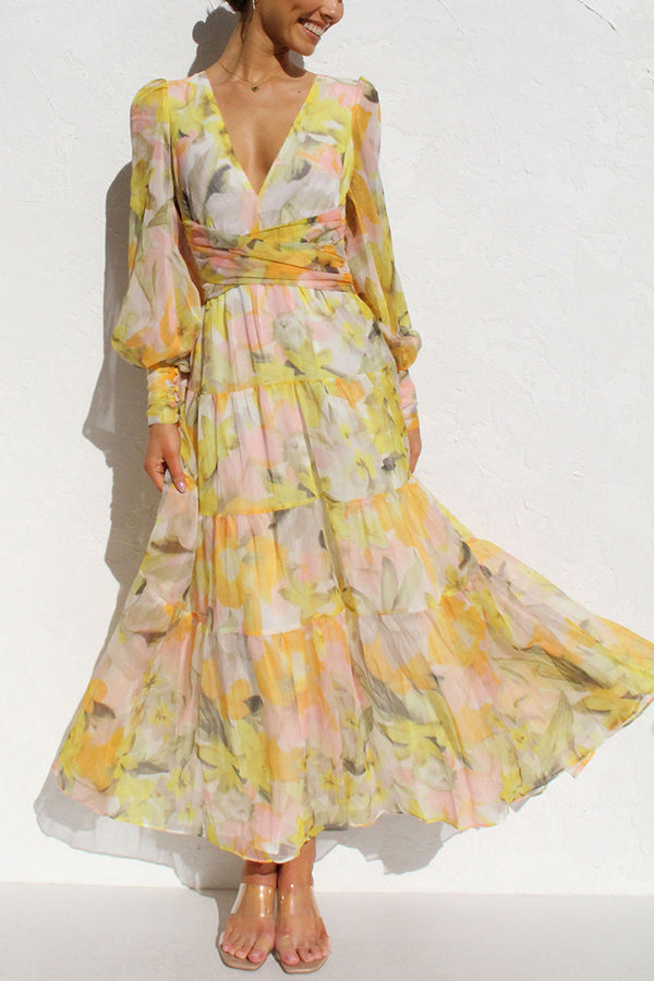 Olena Abstract Floral Balloon Sleeves Maxi Dress