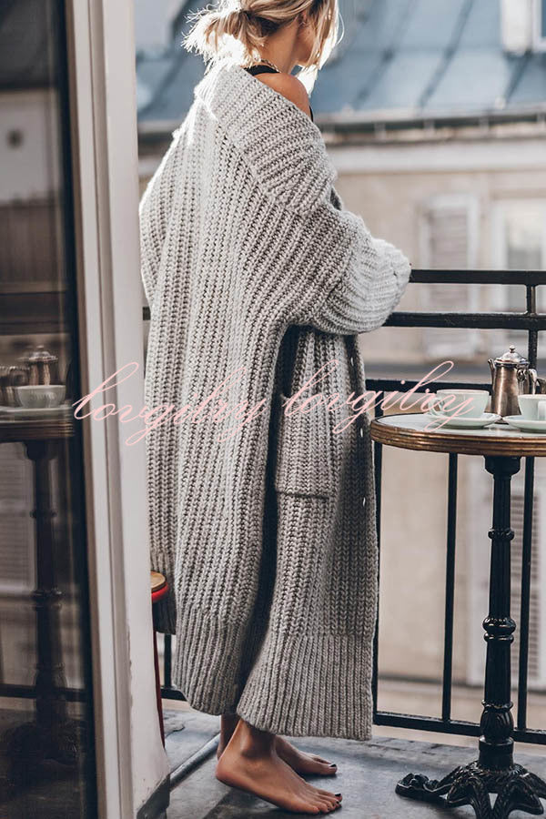 Chunky and Warm Knit Button Pocketed Oversized Midi Cardigan