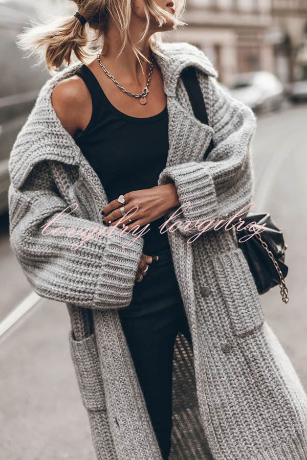 Chunky and Warm Knit Button Pocketed Oversized Midi Cardigan