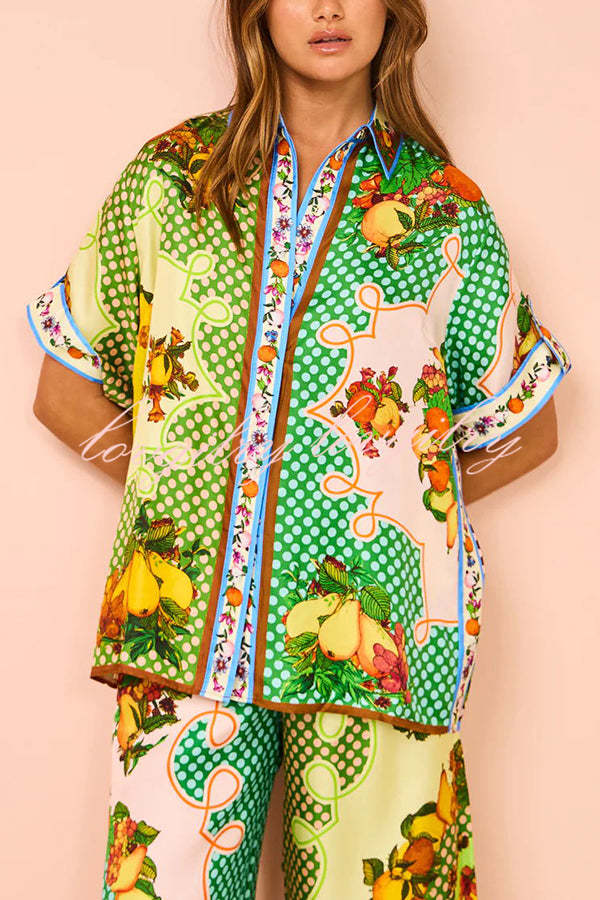 Enjoy Summer Lemon Satin Unique Print Button Down Oversized Blouse