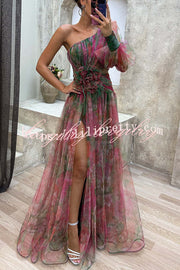 Picturesque Beauty Tulle Floral Pleated One Shoulder Sleeve Slit Maxi Dress