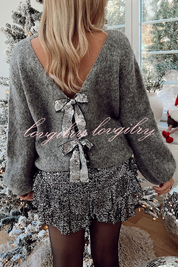 Misty Starlight Tie Front Sequin Bow Loose Sweater