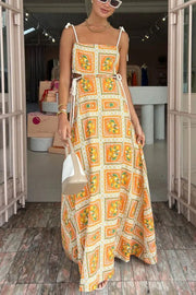 Orange Summer Printed Linen Blend Cutout Tie-up Design Maxi Dress