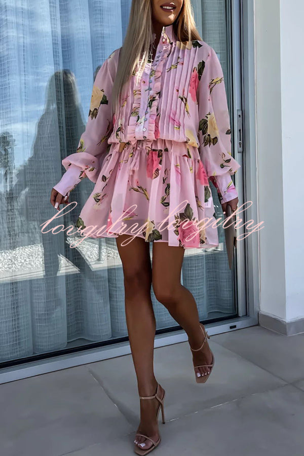 Sunset and Dreams Floral Print Subtle Tuck Lantern Sleeve Belt Mini Dress