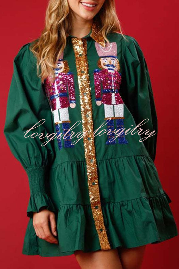 Nutcracker Sequined Button Down Long Sleeve Mini Dress