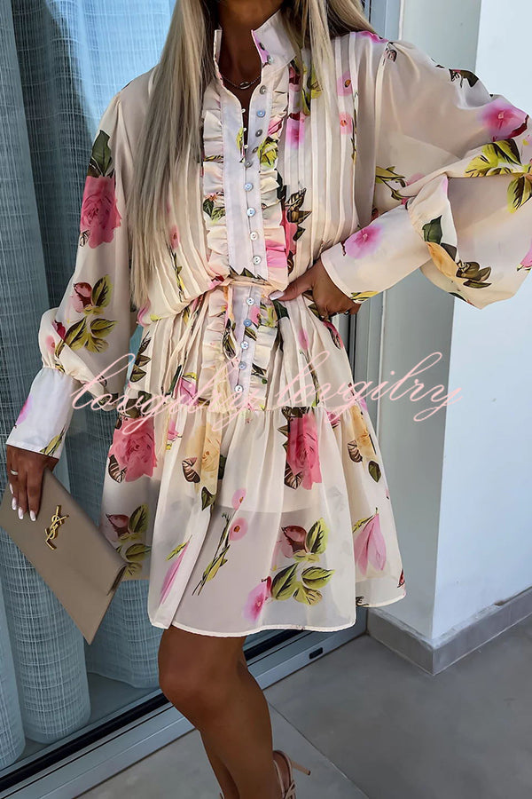 Sunset and Dreams Floral Print Subtle Tuck Lantern Sleeve Belt Mini Dress