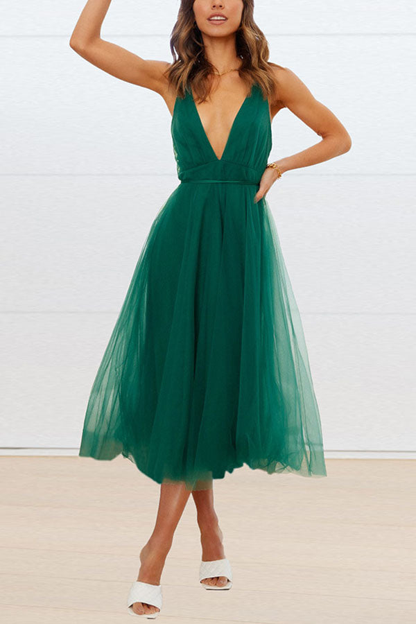 Feeling Romantic V Neck Tulle Midi Dress