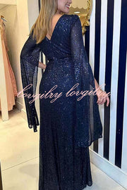 Shine Brighter Sequin Cape Sleeve Cross Waist Evening Maxi Dress