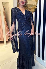 Shine Brighter Sequin Cape Sleeve Cross Waist Evening Maxi Dress