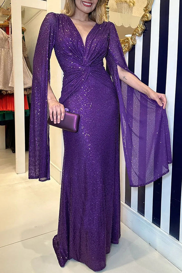 Shine Brighter Sequin Cape Sleeve Cross Waist Evening Maxi Dress