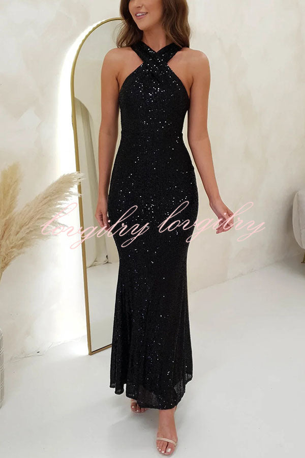 Time To Sparkle Sequin Cross Halter Neck Backless Maxi Dress