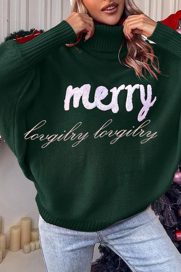 Happy Holidays Contrast Love Letter Turtle Neck Bat Sleeve Sweater