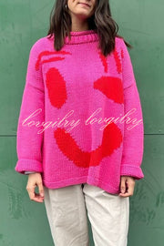 Feel Good Knit Colorful Smiley Face Loose Pullover Sweater