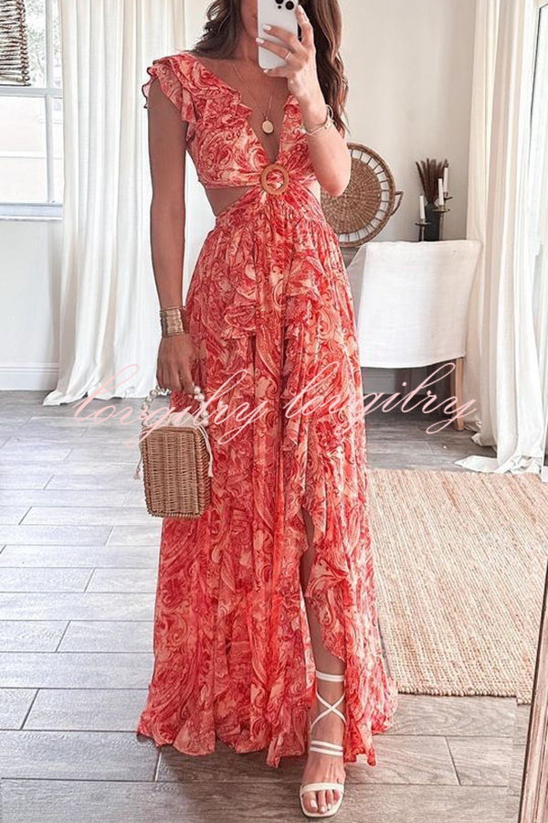 Boldest Bloom Floral Printed Ruffle Sleeve Cutout Maxi Dress