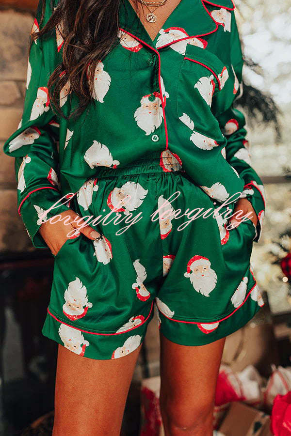 Dear Santa Satin Printed Elastic Waist Pocket Pajama Shorts Set